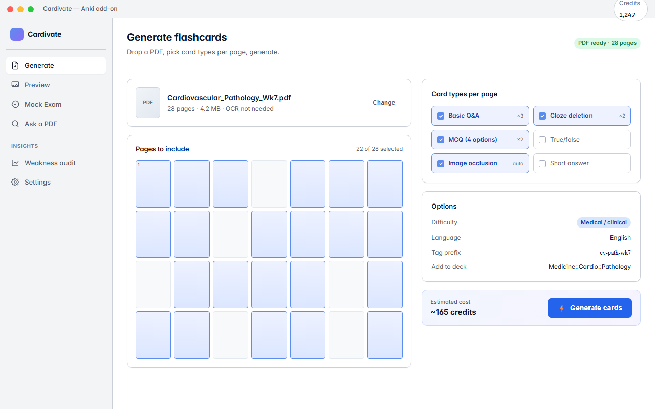 The Cardivate Generate dialog — drop a PDF, pick card types per page, click Generate.